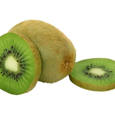 Um kiwi inteiro e duas fatias, exemplo de frutas que diabeticos podem comer. 